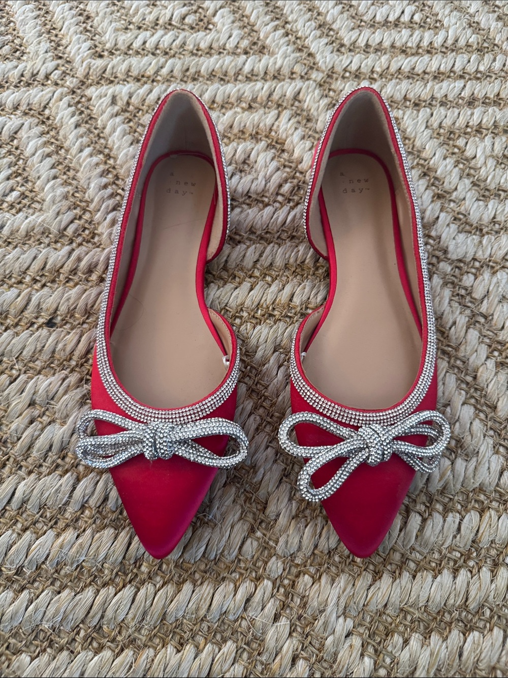 a new day Red Pointed Bow Embellished Flats